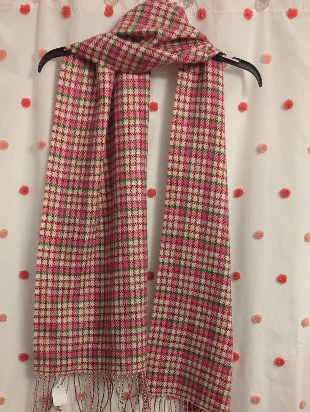 Pink Plaid Fringe Scarf with Green Accents - Unbranded